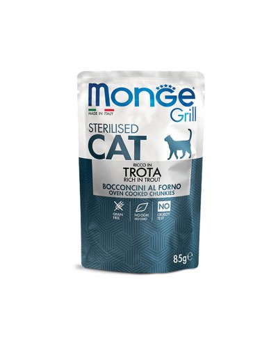 Вологий корм для стерилізованих котів шматочки в соусі Monge Cat Grill Sterilised зі смаком форель та овочів 85г (8009470013659)

