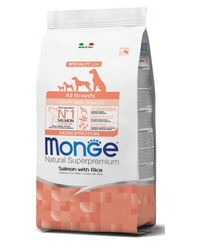 Сухий корм для цуценят всіх порід Monge Dog Monoprotein All breeds Puppy&Junior Salmon&Rice зі смаком лосося та рису 15кг (8009470080989)