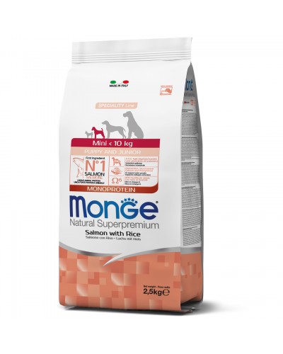 Сухий корм для цуценят малих порід Monge Dog Monoprotein Mini Puppy & Junior зі смаком лосося та рису 2.5 кг (8009470011051)